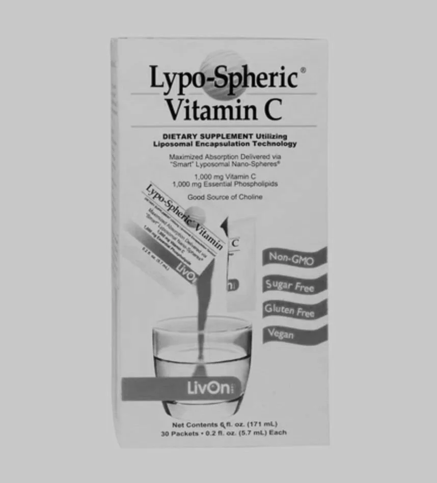 Lypho-Spheric Vitamin C packaging includes dietary supplement details such as liposomal encapsulation technology, 1000 mg of Vitamin C, non-GMO, sugar-free, gluten-free, and vegan labels, with an image of the product being poured into a glass.