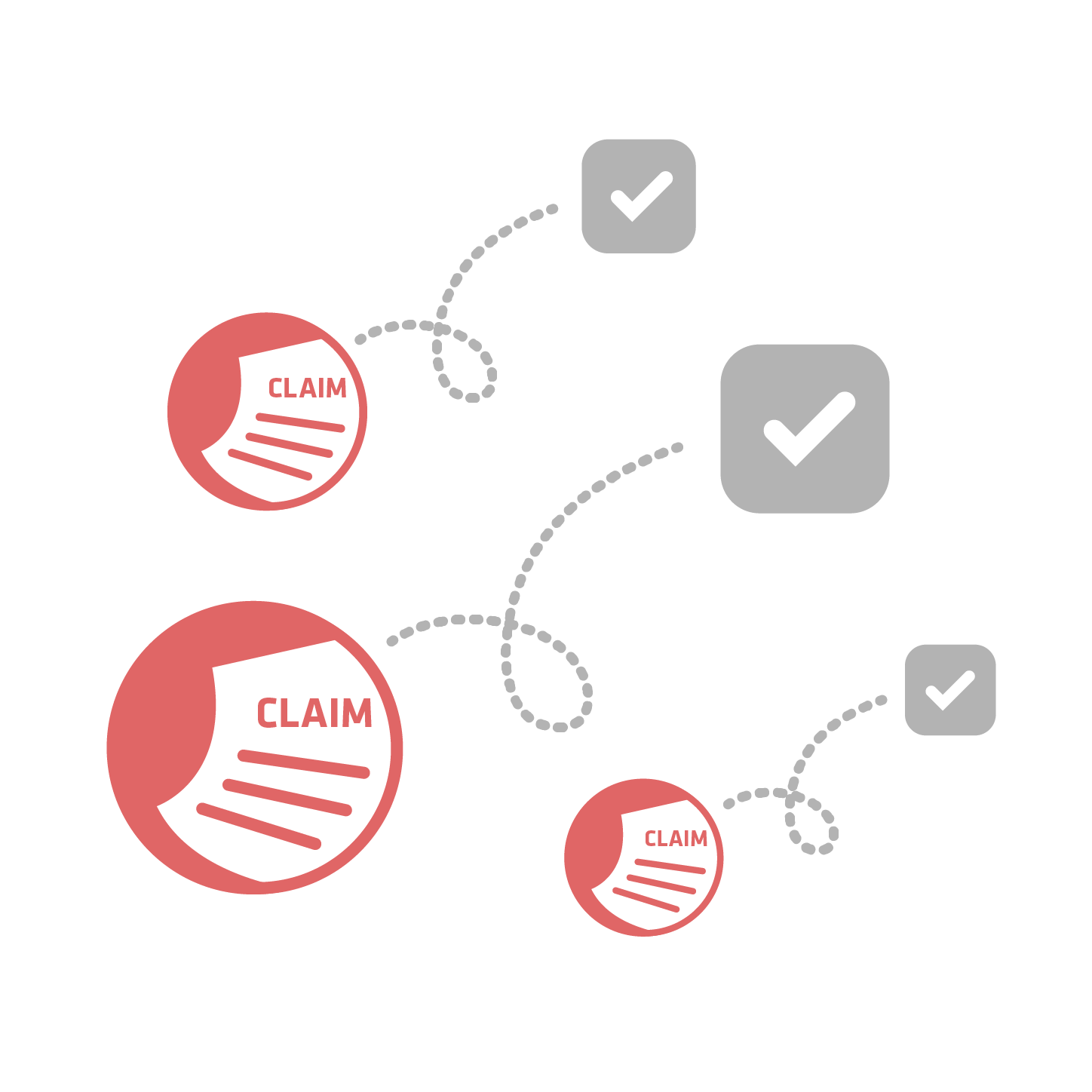 Flowchart illustrating three insurance claim processes, each starting with claims documents, followed by steps leading to completed claims marked with check marks.