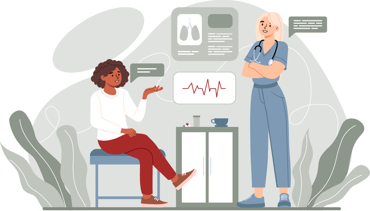 A doctor and a patient in a medical consultation room. The patient is sitting on a stool, talking and gesturing with her hand. The doctor is standing with arms crossed, listening. Medical images and an electrocardiogram are displayed on the wall behind them, along with a table holding medicine pills and a cup.