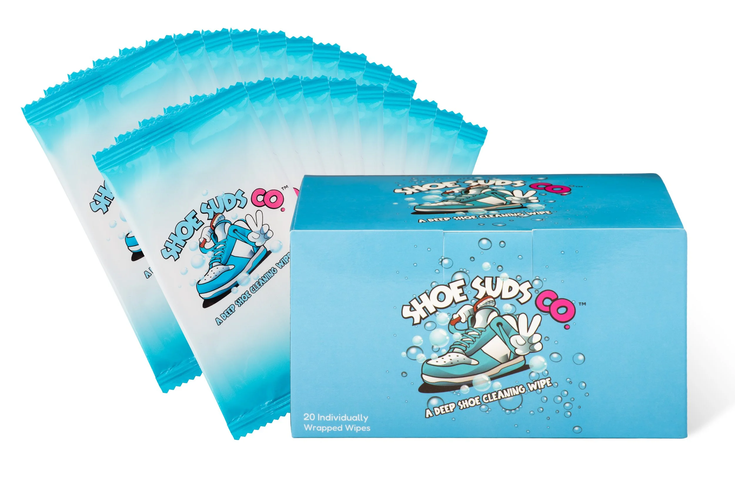 A box of Shoe Suds deep shoe cleaning wipes with individual packs visible in the background.