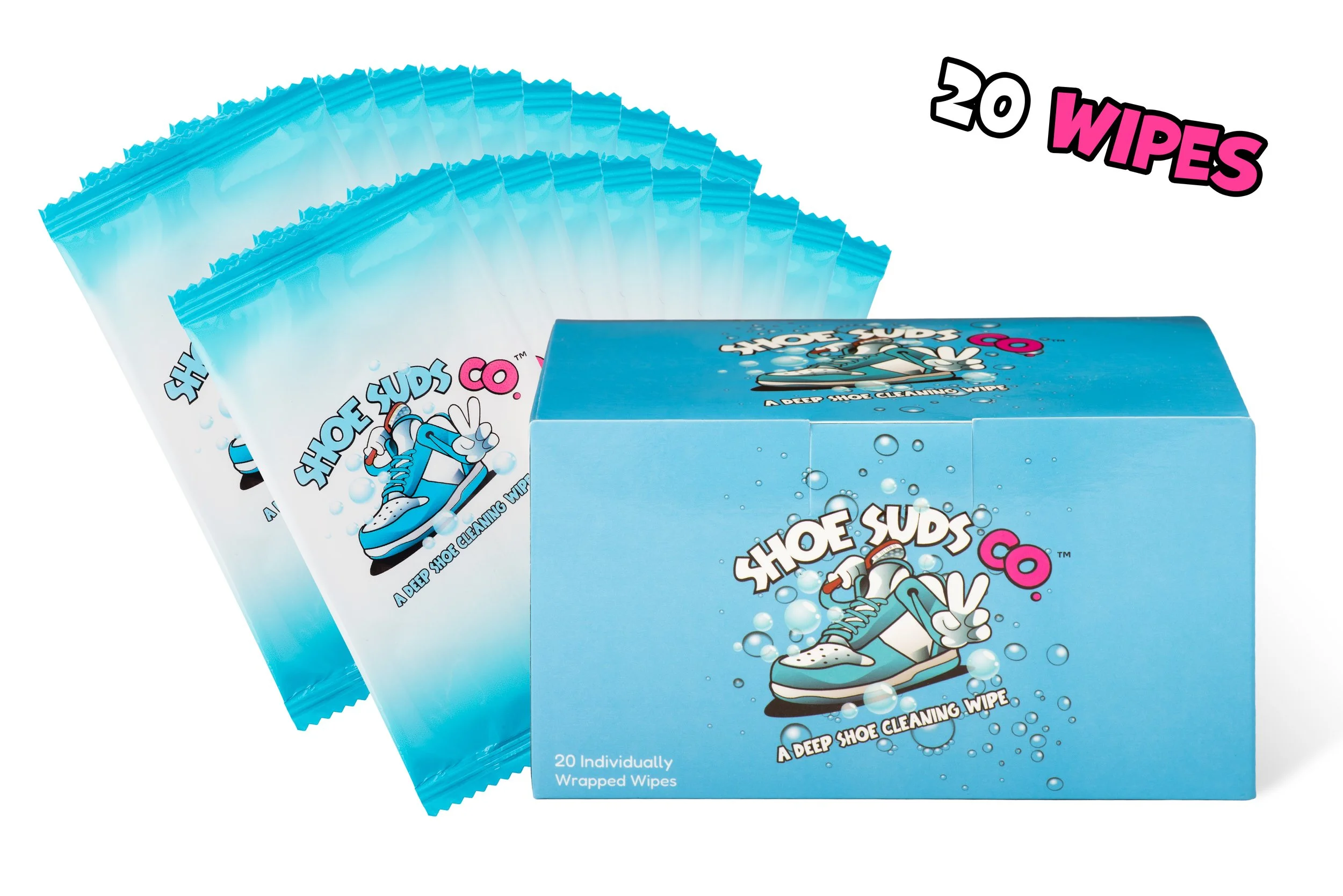 Box and packets of Shoe Suds Co deep shoe cleaning wipes with a blue shoe character on the packaging.