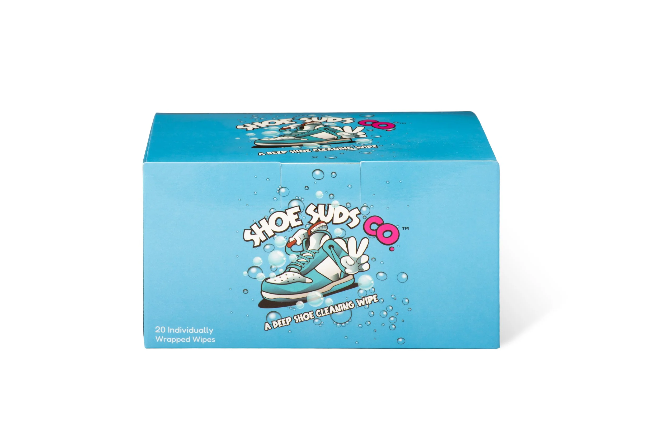A blue box of Shoe Suds Co shoe cleaning wipes with a cartoon sneaker, bubbles, and brand logo.