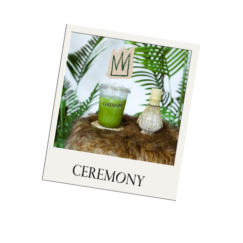 A jar labeled 'Ceremon' filled with green liquid, a small glass spray bottle, and a paper crown drawing, all placed on a furry surface with jungle-style green leaves in the background.