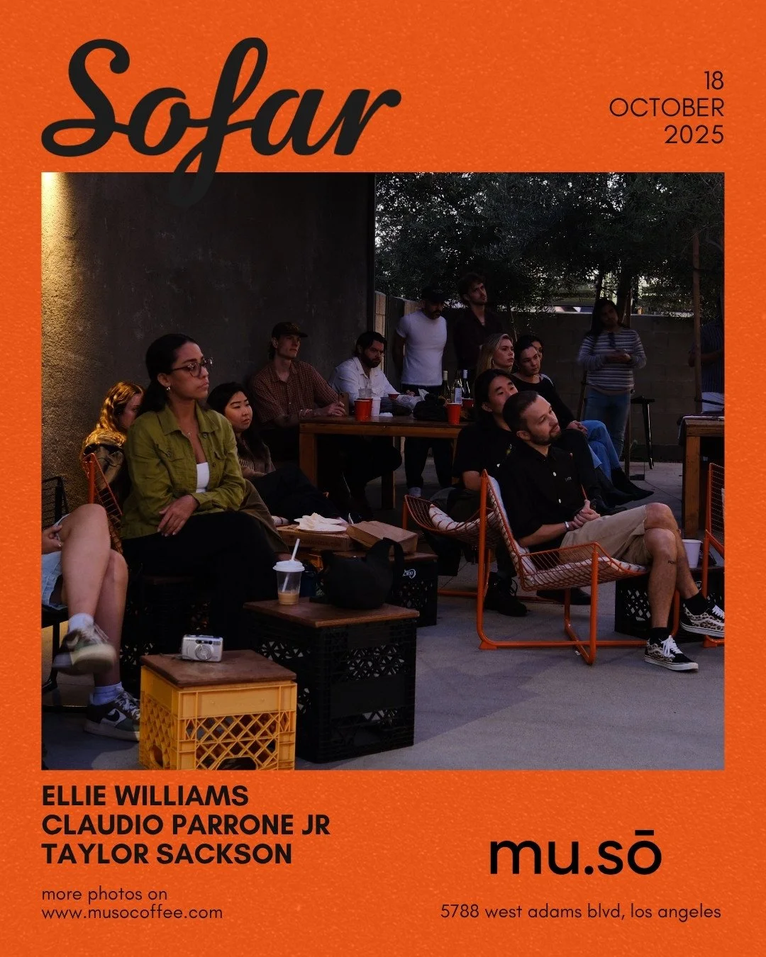 a warm october sunset, three artists, and a patio full of good energy.⁠
⁠
on october 18, sofar sounds took over the mu.sō patio with live sets by ellie williams, taylor sackson, and claudio parrone jr. soft light, good sound, coffee in hand - couldn&