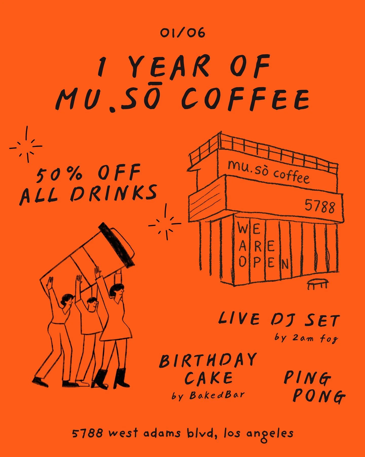 mu.sō turns one!⁠
⁠
join us this Tuesday 01.06.26 as we celebrate one year of mu.sō coffee. we&rsquo;re marking the day with a live dj set by DJ 2am fog, a birthday cake by our friends @_bakedbarla, and 50% OFF all drinks - coffee, matcha, everything