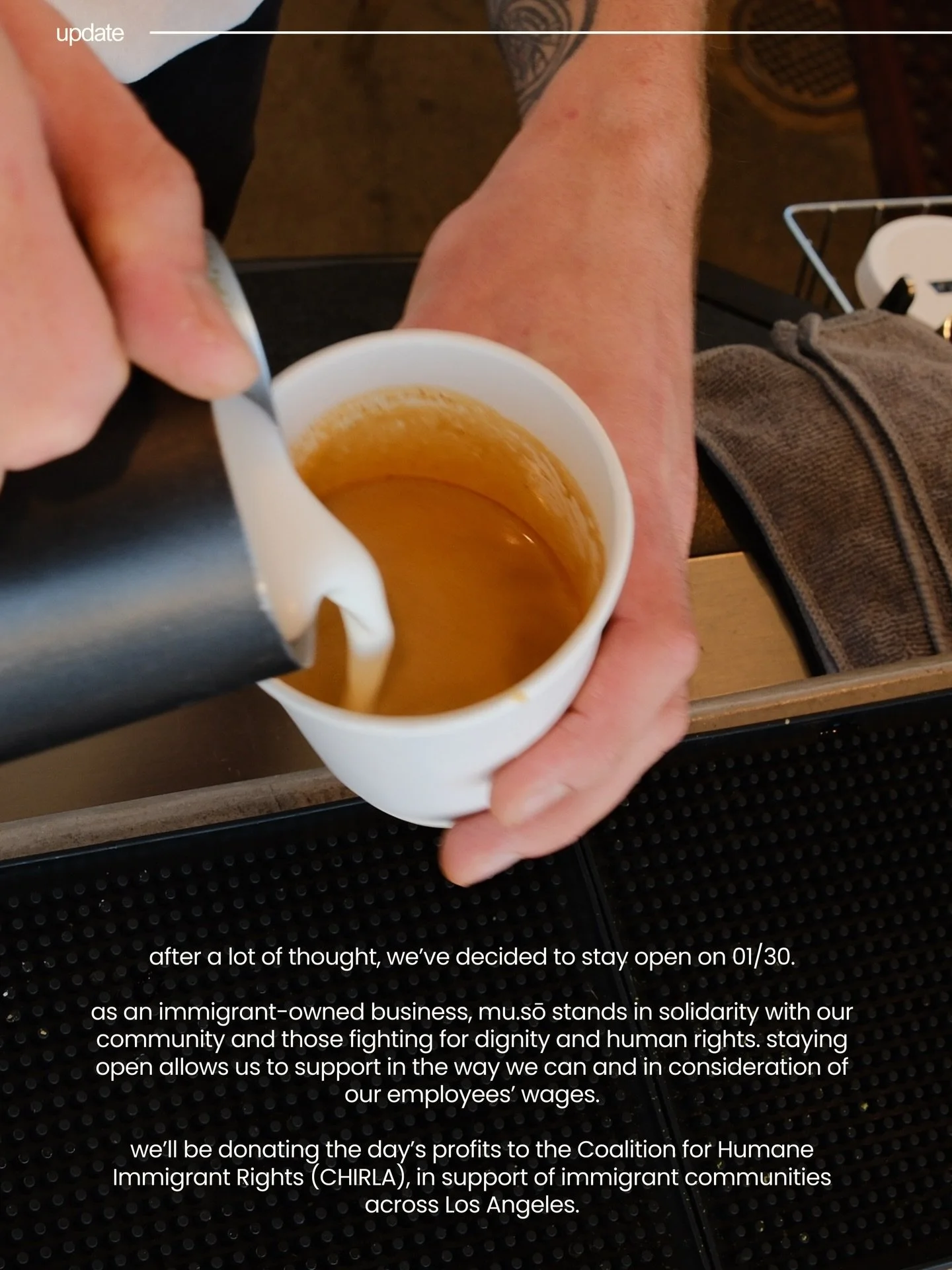 after a lot of thought, we&rsquo;ve decided to stay open on 01/30.

as an immigrant-owned business, mu.sō stands in solidarity with our community and those fighting for dignity and human rights. staying open allows us to support in the way we can and