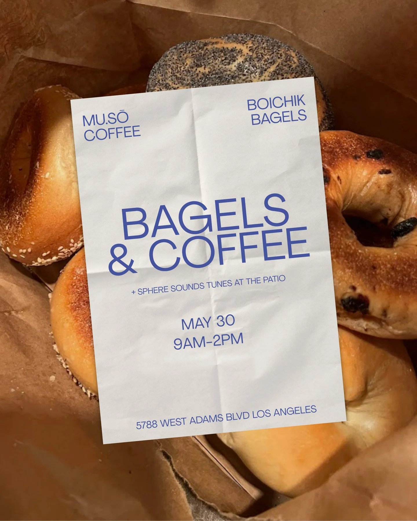 this Saturday 05/30 - boichik bagels is popping up at mu.sō.⁠
fresh hot bagels, morning coffee, good music by sphere sound studio, and chill weekend energy.⁠
come hungry &amp; thirsty from 9am - 2pm for bagels.⁠
drinks will be flowing all day with re