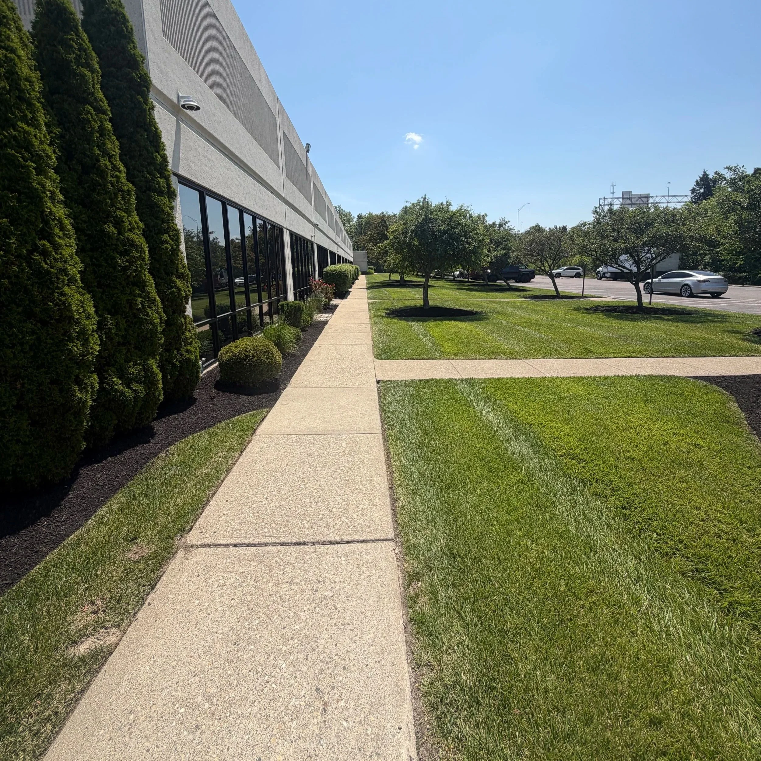 Sidewalk running along the exterior of a large, gray building with windows and foliage, with a parking lot and trees on the right under a clear blue sky.