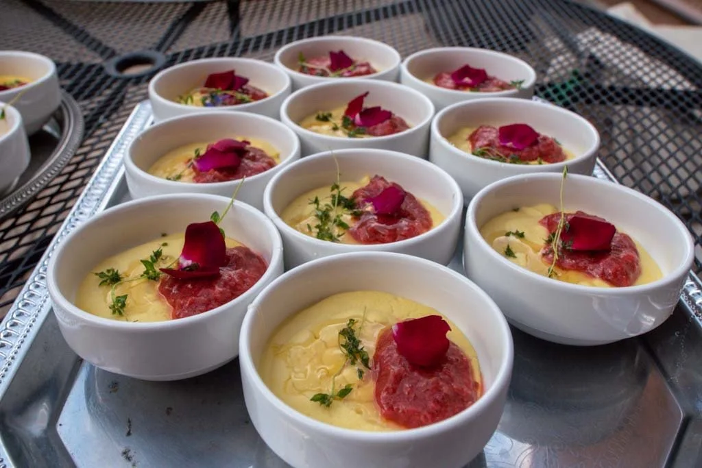 Farm to Table, Manitou Springs, Coconut custard, rhubarb strawberry compote, pink rose petals, and crispy thyme