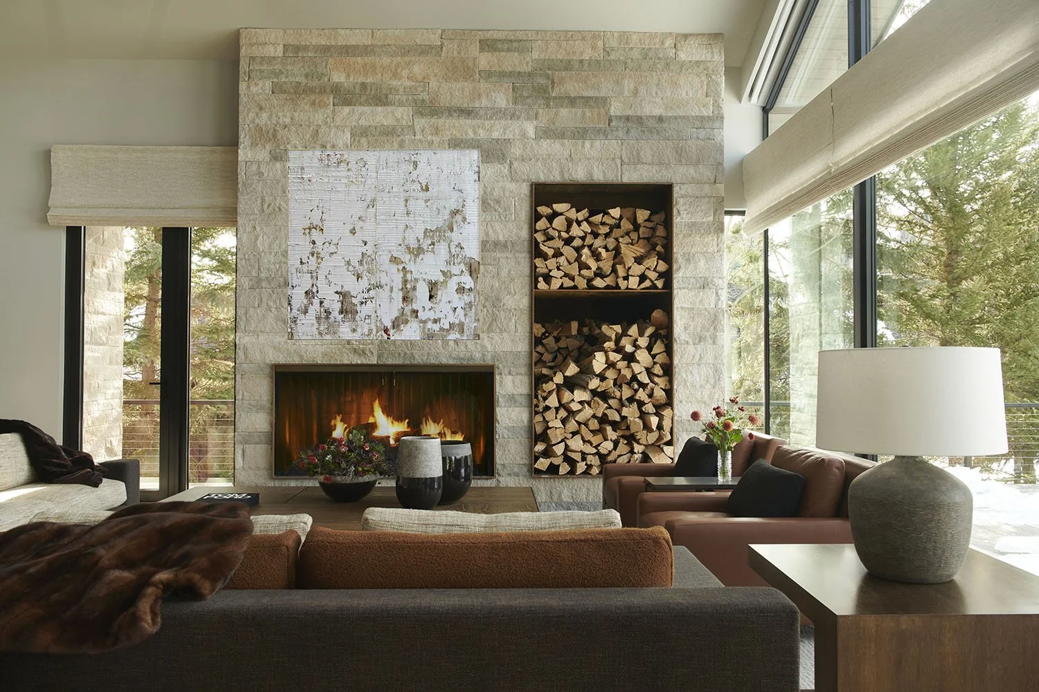 Kirsten Hepburn Photography, interior design, Allen Kirsch, Park City ski home, stone fireplace, wood pile