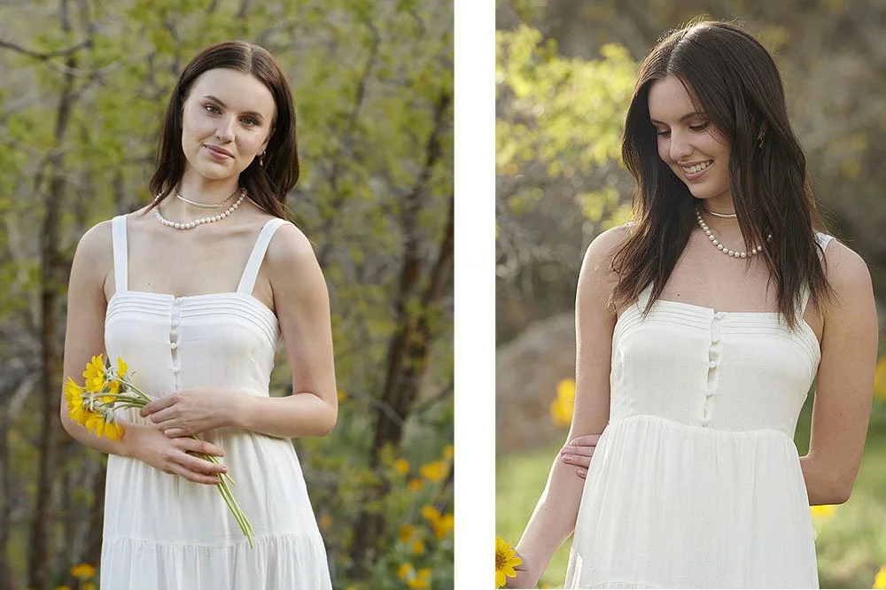 senior portrait of beautiful girl in white dress with yellow flowers