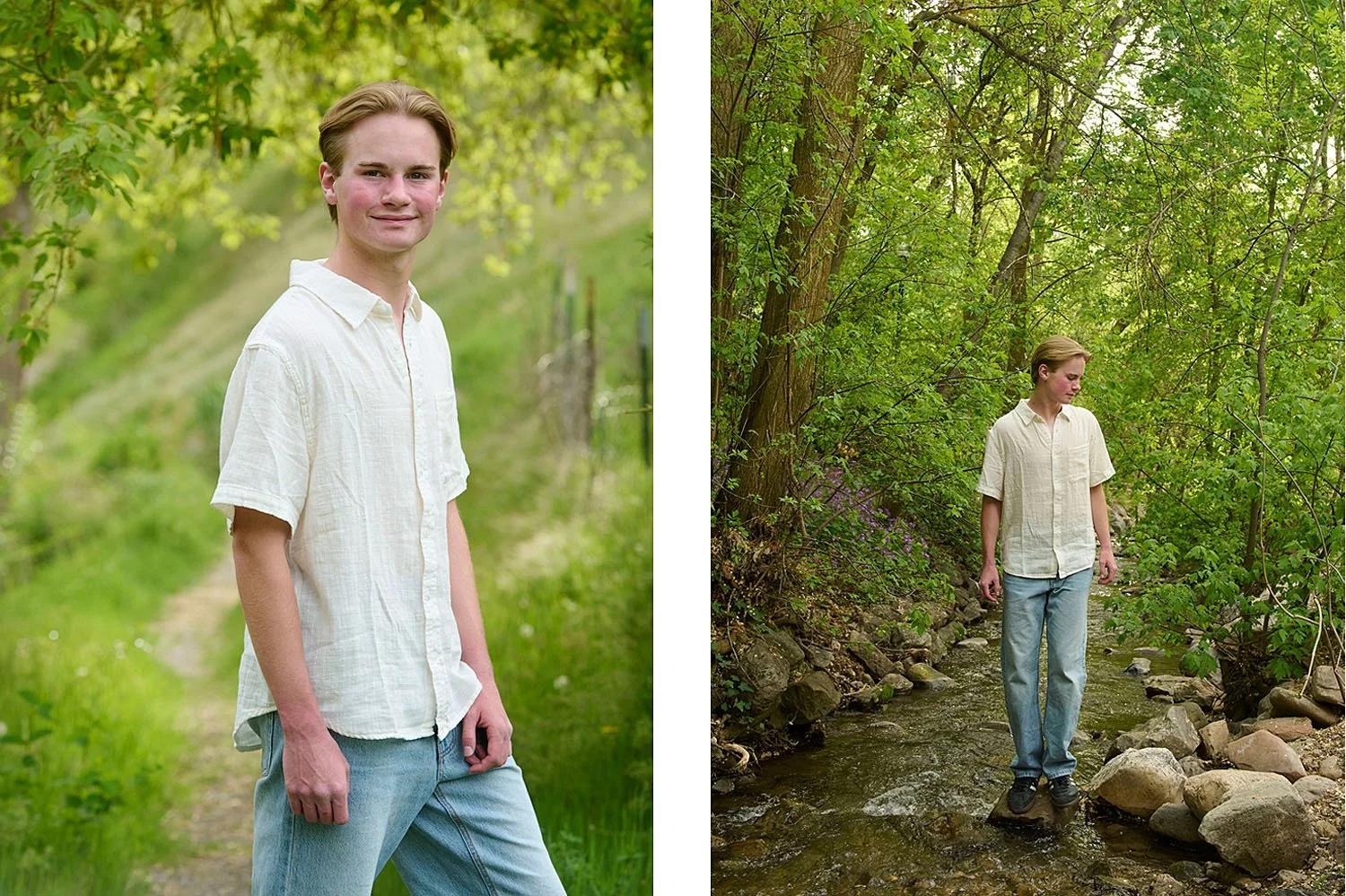 Kirsten Hepburn Photography senior class portraits of a teen in spring greenery and a stream in Salt Lake City Utah