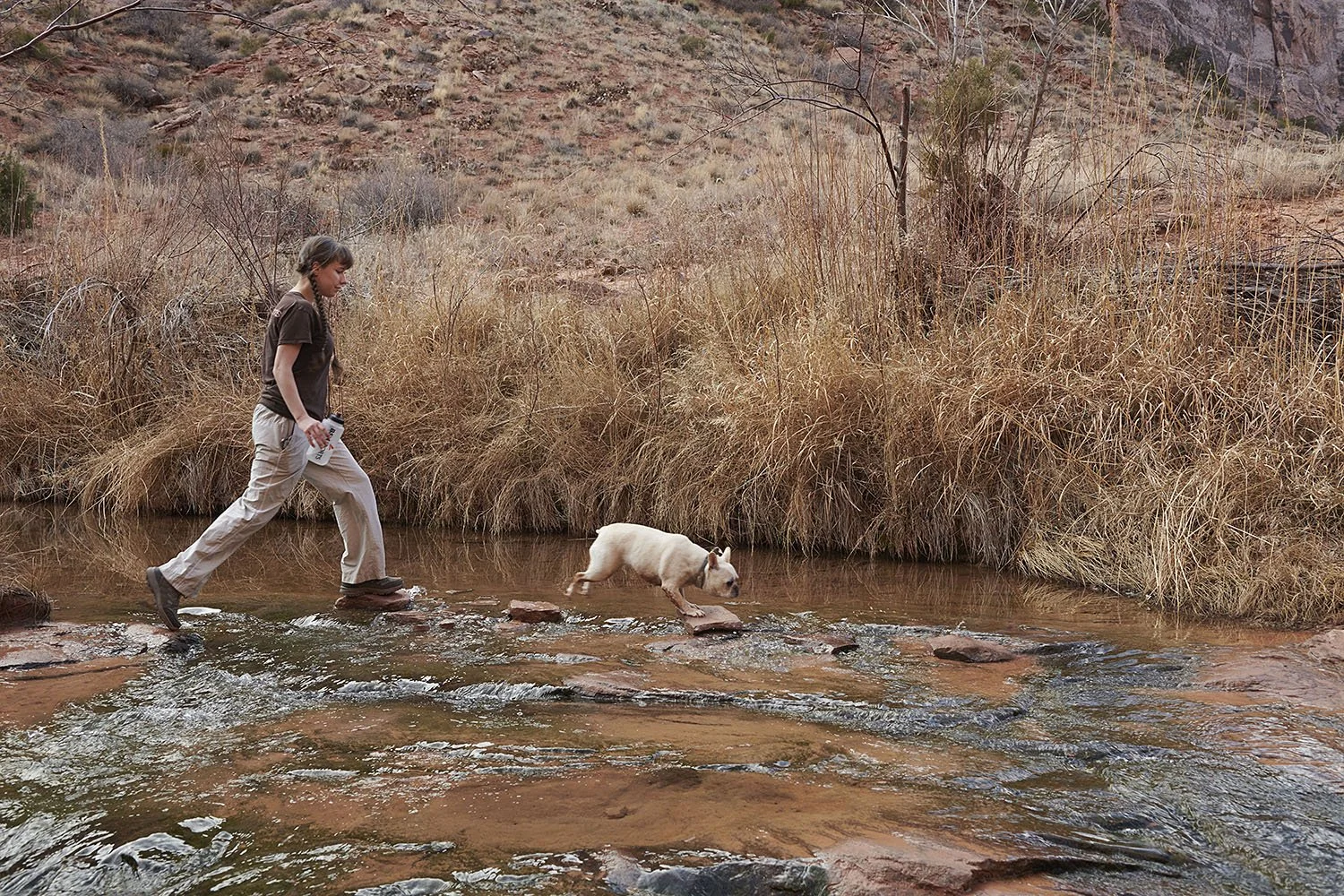 Kirsten Hepburn Photography portrait of a girl and dog crossing a river on stepping stones