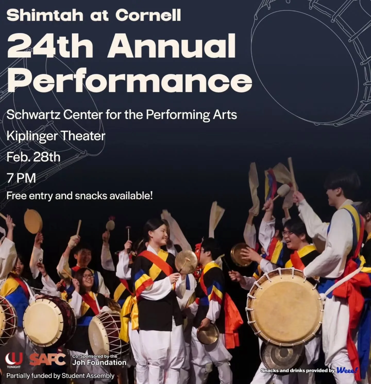 📣 SHIMTAH 24TH ANNUAL PERFORMANCE ⭐️
Join us for Shimtah's Annual Performance on the 28th of February in the Schwartz Center for the Performing Arts, Kiplinger Theater 🎭 !

🍿Special thank you to @weee_korean for providing us with free snacks and d