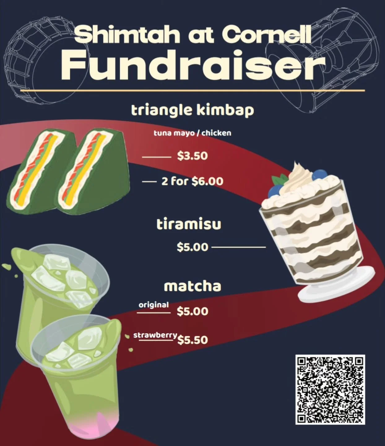 Need a little pick me up?
Cornell Shimtah has got your back! 😜 Enjoy a classic original matcha latte, or mix it up with strawberry pur&eacute;e for a fruity twist! 🍓
Grab some (spicy) tuna mayo and/or teriyaki chicken triangle kimbaps! Or maybe..fe