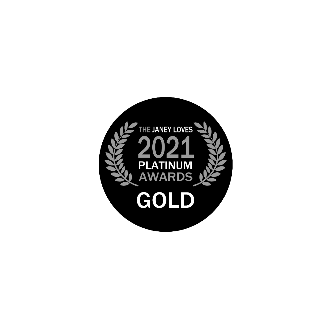 Janey Loves 2021 Platinum Awards Gold logo with laurel wreath