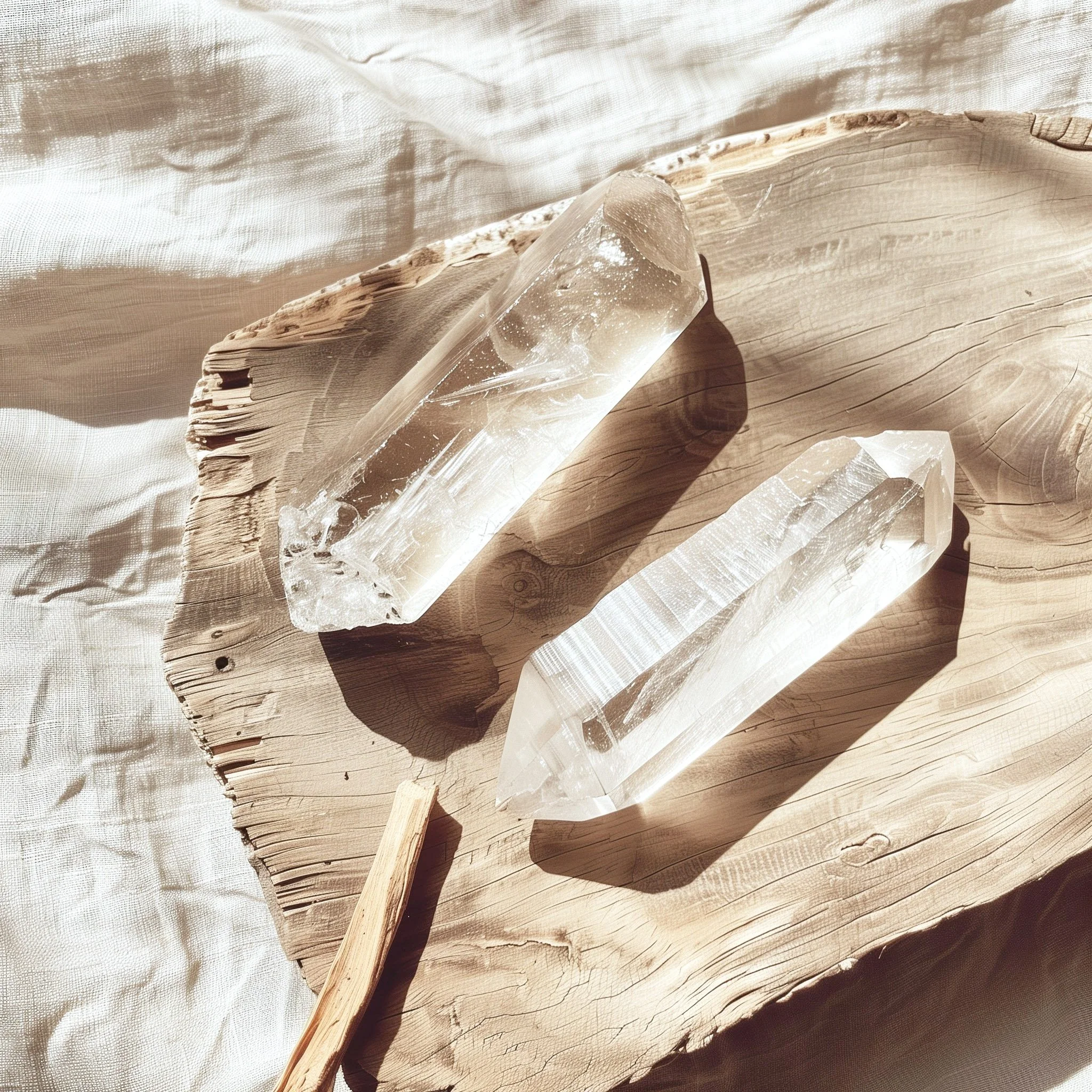 Two clear quartz crystals placed on a piece of driftwood with a small palo santo stick.