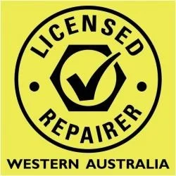 Yellow circular emblem with black text stating 'Licensed Repairer' and 'Western Australia', featuring a large checkmark inside a stylized shield.