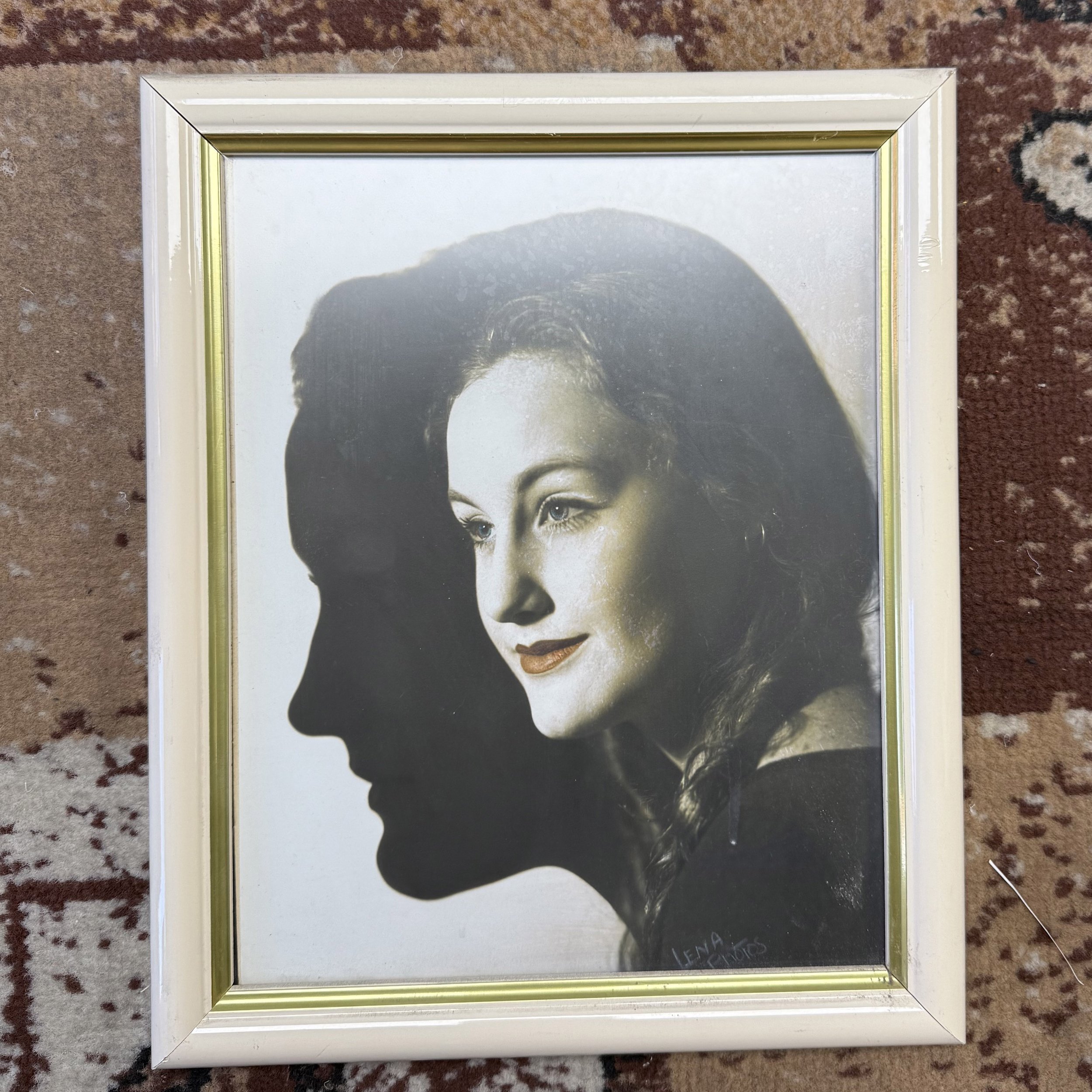 Framed portrait of a woman with a profile silhouette overlay on her face.