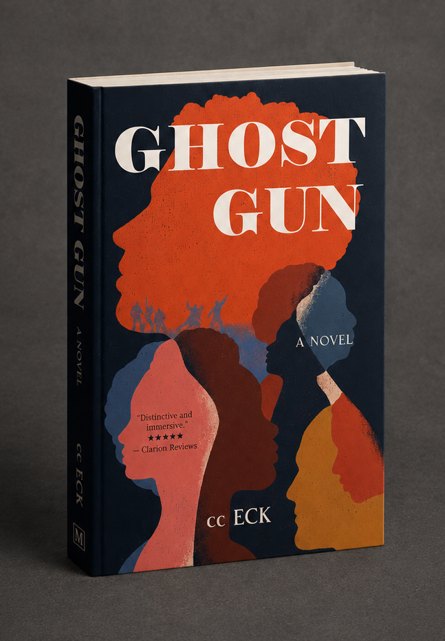 Book cover titled 'Ghost Gun' by CC Eck, featuring stylized silhouettes of diverse women's profiles in various colors, with a large orange silhouette of a woman's hair at the top.