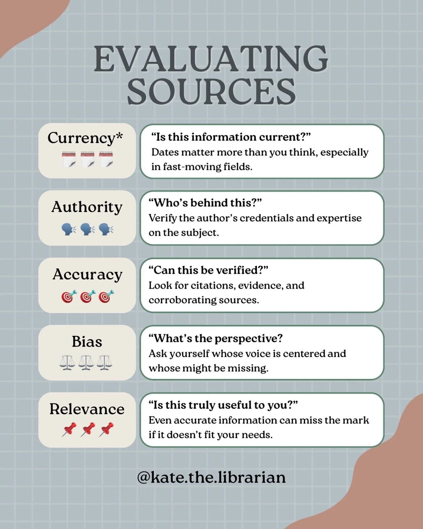 Research doesn&rsquo;t end when you find a source. It ends when you understand whether that source is worth using. 🔎

Before you save, cite, or share something, try running it through a few evaluation filters: currency, authority, accuracy, bias, an