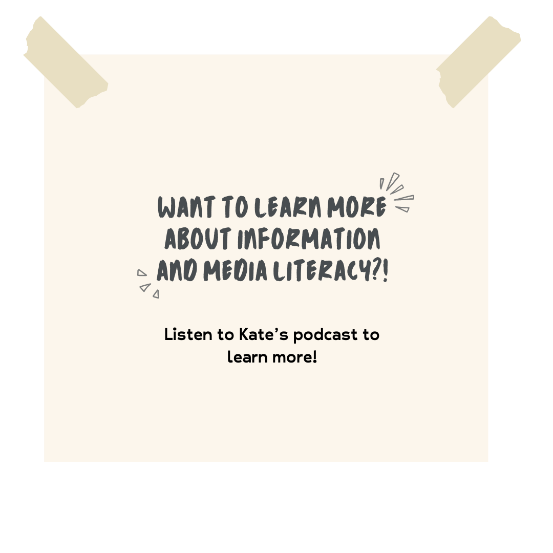 A note taped to a surface inviting viewers to learn more about media literacy through Kate's podcast.