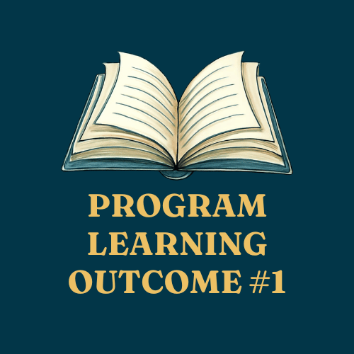 Illustration of stacked books with text "Program Learning Outcome #1" on a green background.