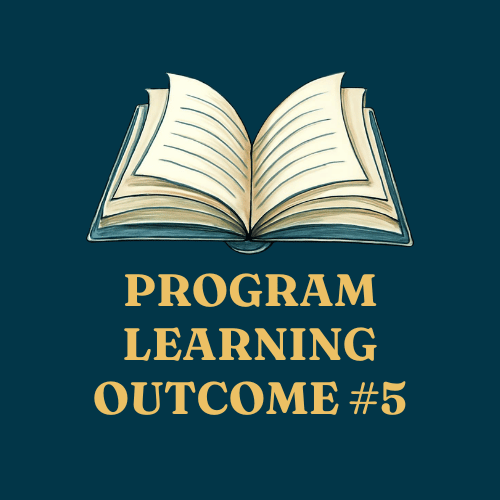Graphic with three books and titles 'Program Learning Outcome #5' on a green background.