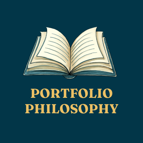 Illustration of four books standing upright and one leaning, with the text "Portfolio Philosophy" below.