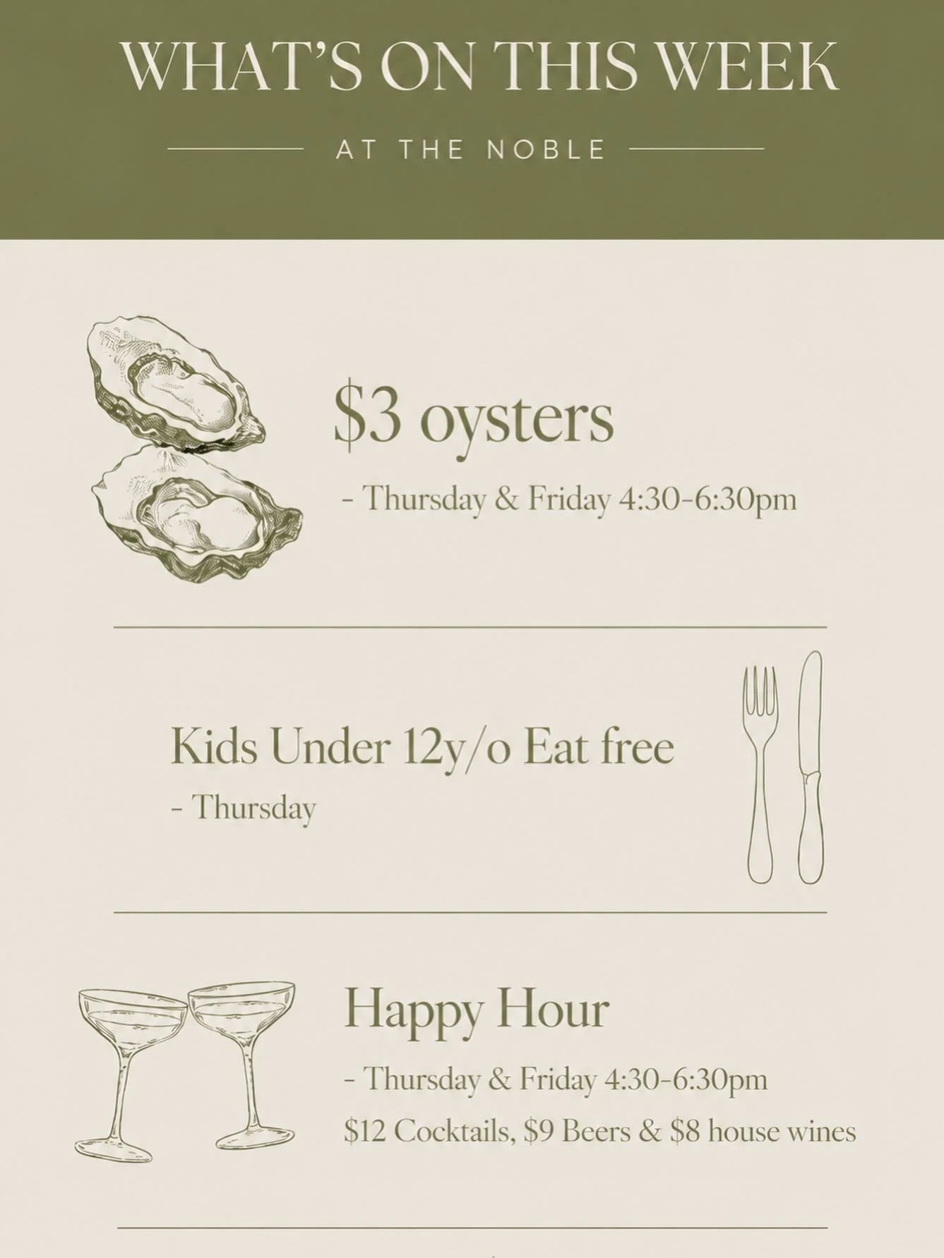 This week is looking pretty good at The Noble&hellip;
From $3 oysters and happy hour to Kids Eat Free Thursdays, there&rsquo;s plenty to look forward to this week.

A little something to enjoy before the long weekend begins 🥂