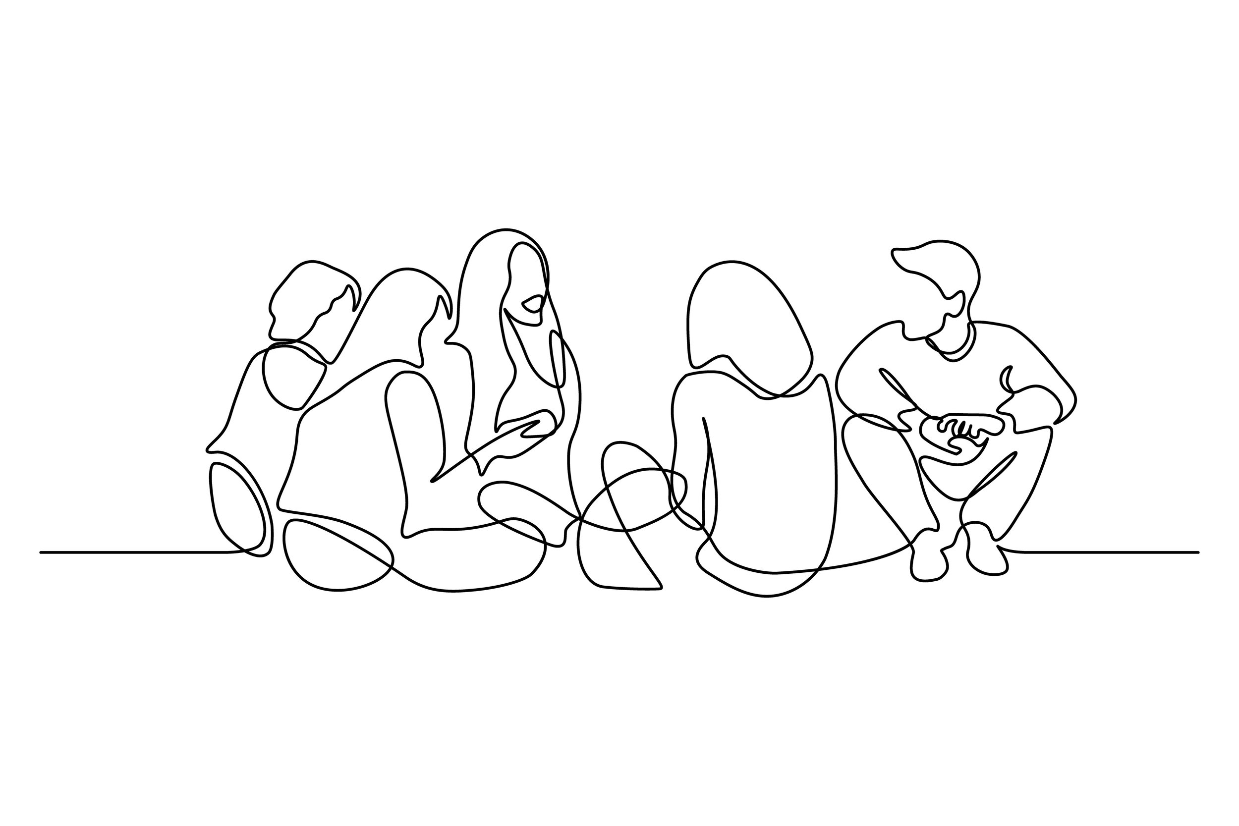 One-line drawing of five people support group for postpartum sitting in a circle, appearing to converse or interact.