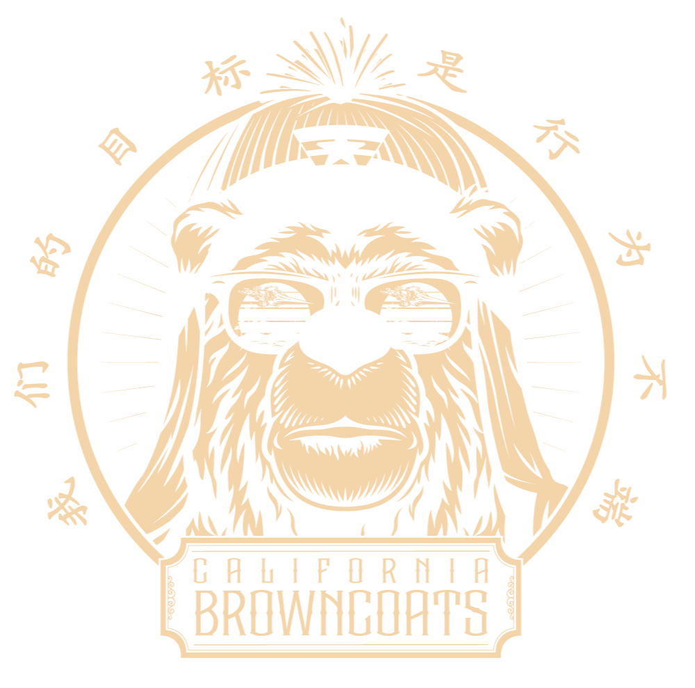 A logo featuring a lion wearing sunglasses with reflections of a sunset or sunrise, surrounded by Chinese characters and the text "California Browncoats."