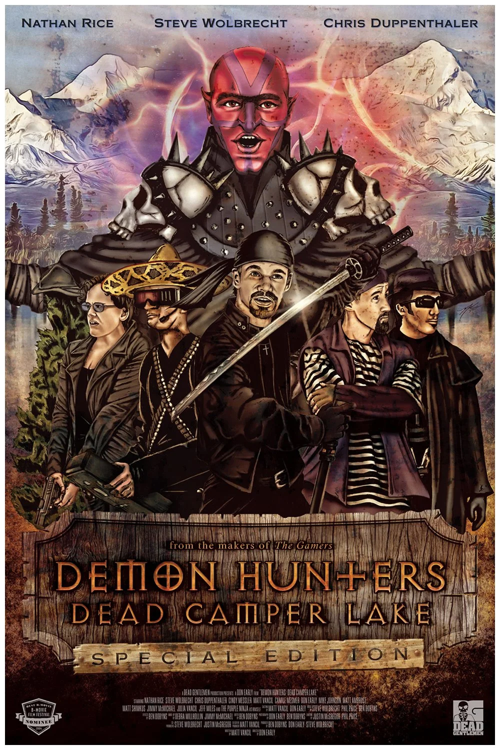 Poster for the movie 'Demon Hunters: Dead Camper Lake' featuring a villainous red devil with lightning and mountains in the background, and five characters in the foreground with weapons, dressed in dark or punk attire.