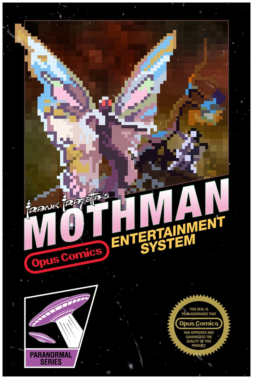 Pixel art depiction of a mothman insect with large wings and red eyes, carrying a smaller insect on its back, set against a cosmic or space background. The cover features stylized text that reads 'Frank Raye's Mothman Entertainment System' and includes comic branding.
