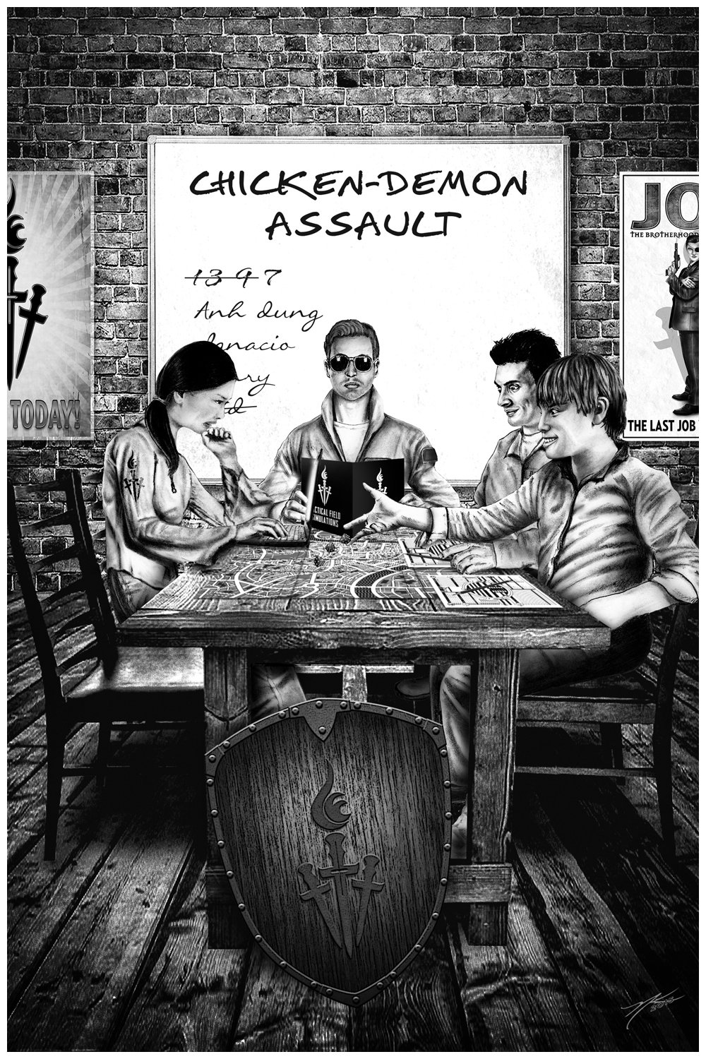 A group of four people dressed in military uniforms is sitting around a wooden table with a board game on it, engaged in a game of Dungeons & Dragons or similar. Behind them is a brick wall with posters, including one titled 'CHICKEN-DEMON ASSAULT' and a whiteboard with some handwritten notes.