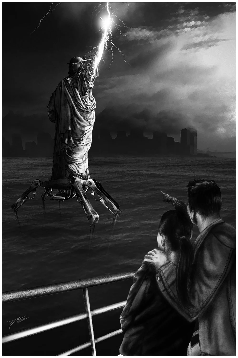 A black and white illustration of the Statue of Liberty on a robotic spider like platform, with lightning striking the sky above, and a man and woman pointing and looking at the scene from a boat, with a city skyline in the background.