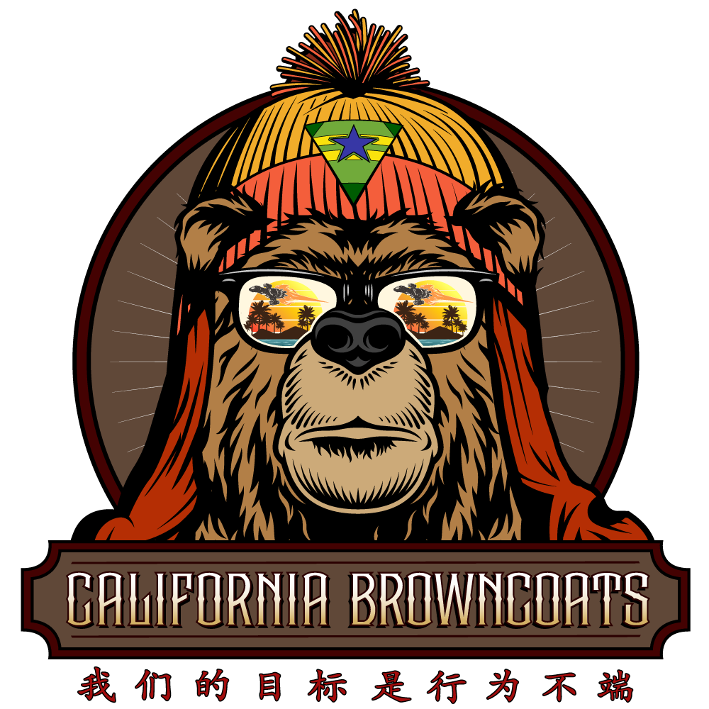A bear wearing glasses and a red beanie with a green and blue star. The glasses reflect a sunset with palm trees and planes flying overhead. The bear is surrounded by a circular background with a fireworks display at the top. A banner below reads "California Browngoats" with Chinese characters underneath.