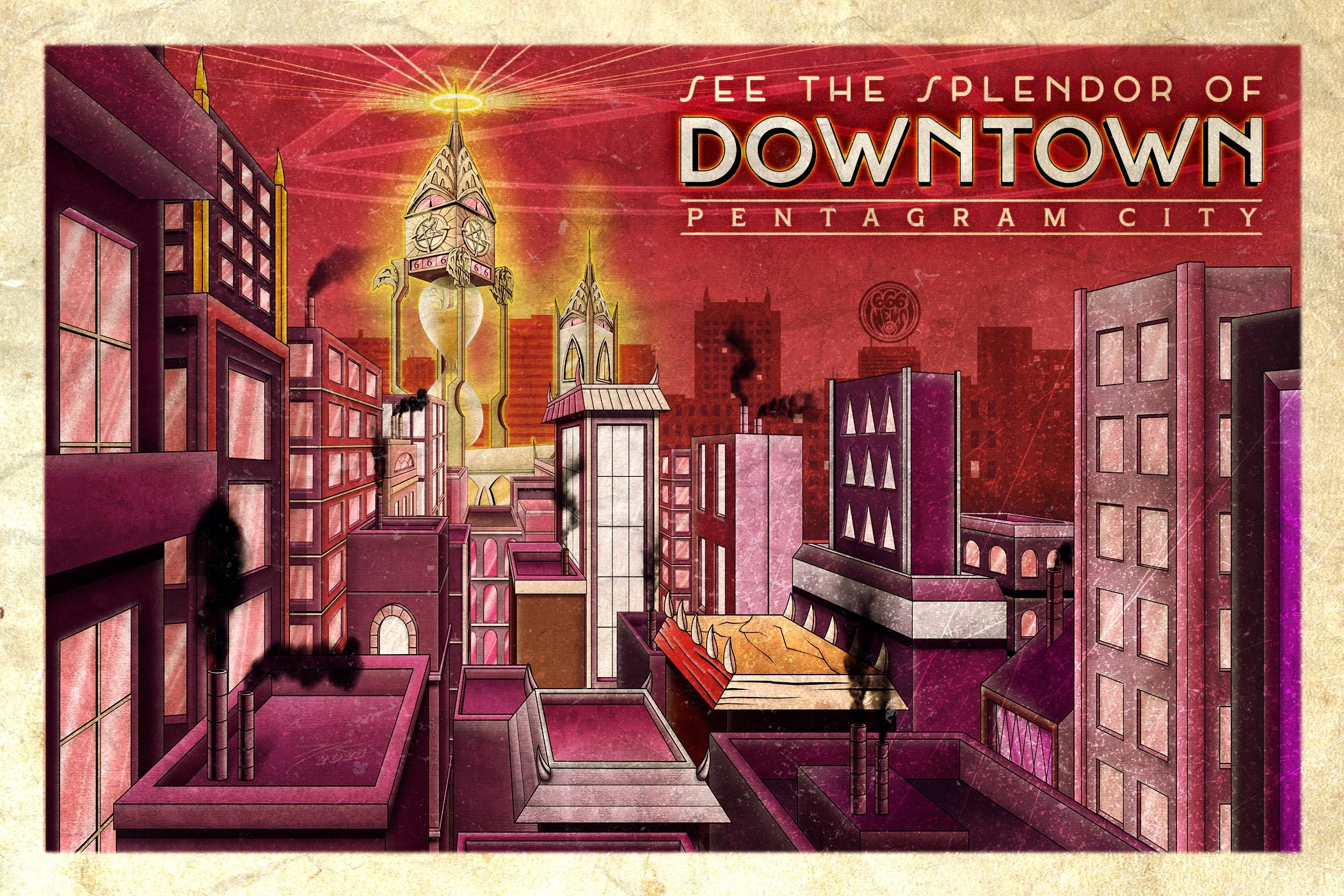 A stylized, animated depiction of downtown Pentagram City with tall buildings, smoke coming from chimneys, and the Pentagon building in the background under a red sky, with the text "See the splendor of Downtown Pentagon City" at the top.