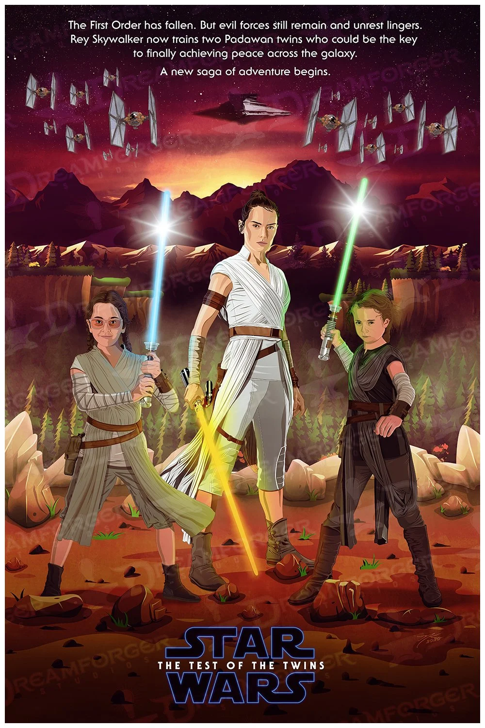 Star Wars: The Test of the Twins poster featuring Rey and two Padawan twins wielding lightsabers, set against a starry sky and the Millennium Falcon in the background.