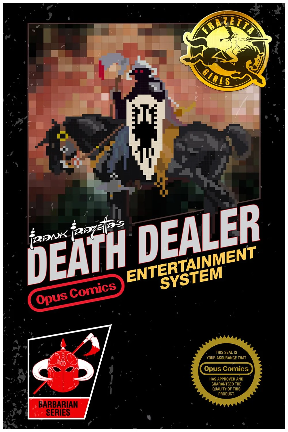 Pixelated cover art of a comic book titled 'Death Dealer' by Frank Frazetta, featuring a warrior on horseback holding a sword and shield, with a black background and gold accents.