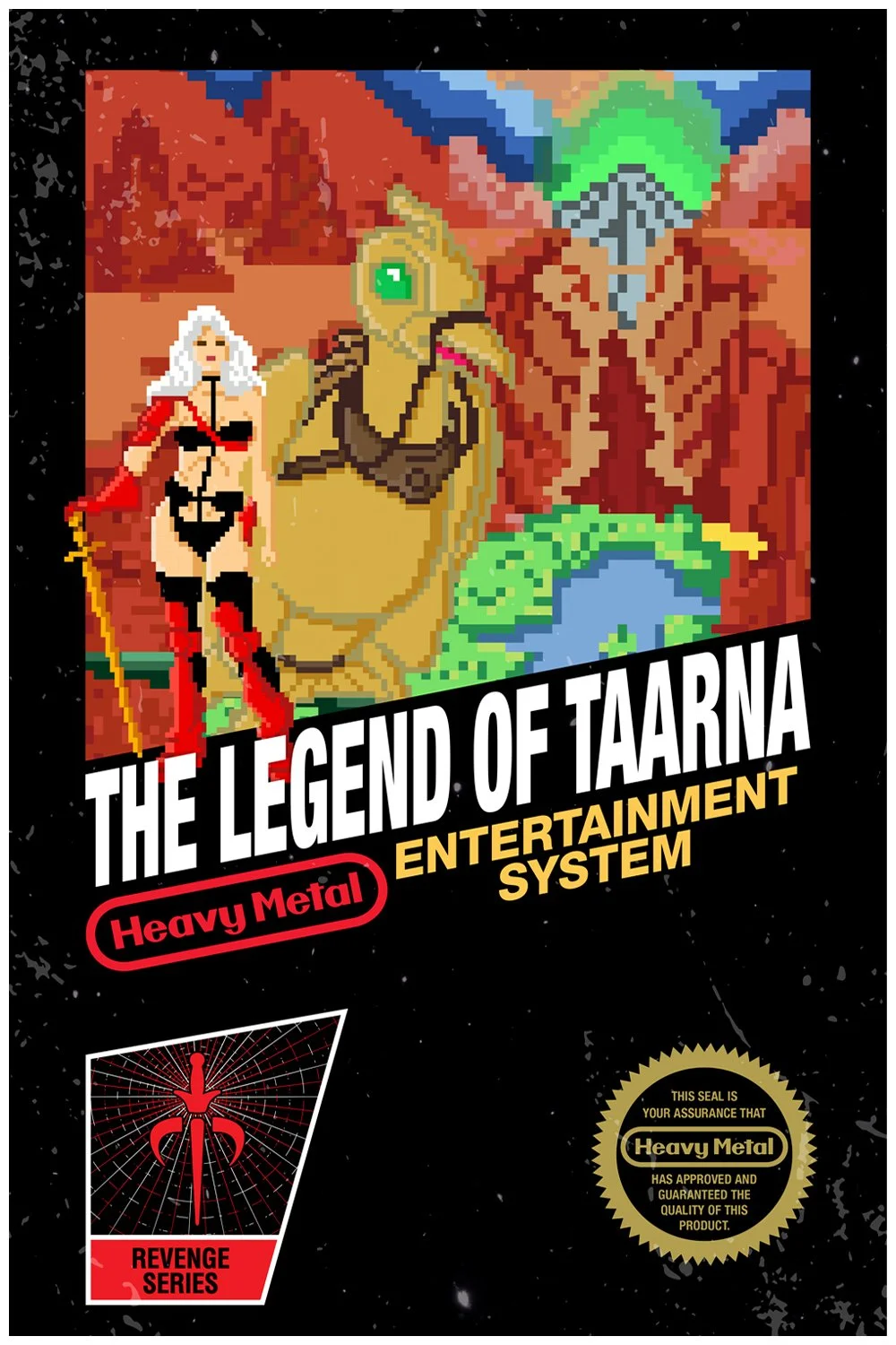 Pixel art depiction of a fantasy scene with a female warrior in black and red armor, a large yellow creature with a green eye, and a winged creature with a helmet, set against a mountainous landscape.