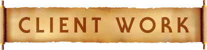 A gold-colored banner with the text 'CLIENT WORK' in capital letters.