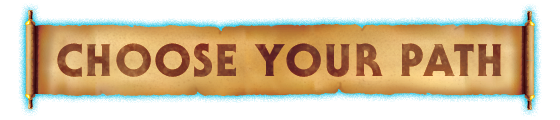 A scroll with the phrase 'Pick Your Path' on it, set against a bright blue background.