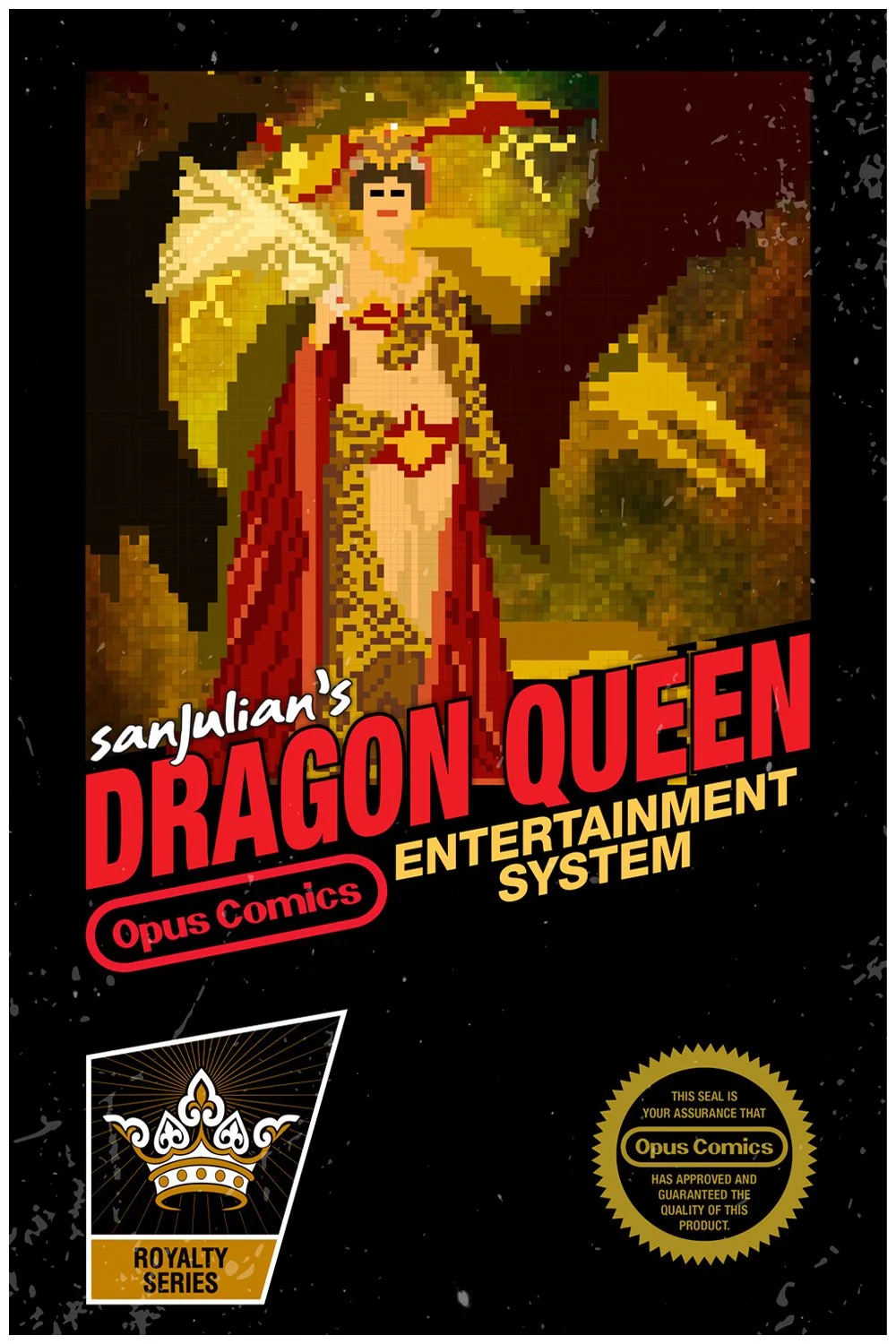 Pixelated comic book cover featuring a regal female figure with wings and a crown, with title 'Dragon Queen' in red and yellow and various other text elements.