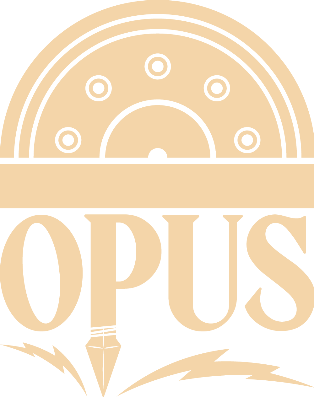 A logo with a stylized depiction of a speedometer above the word "OPUS" in bold letters, with a fountain pen nib and lightning bolts below.
