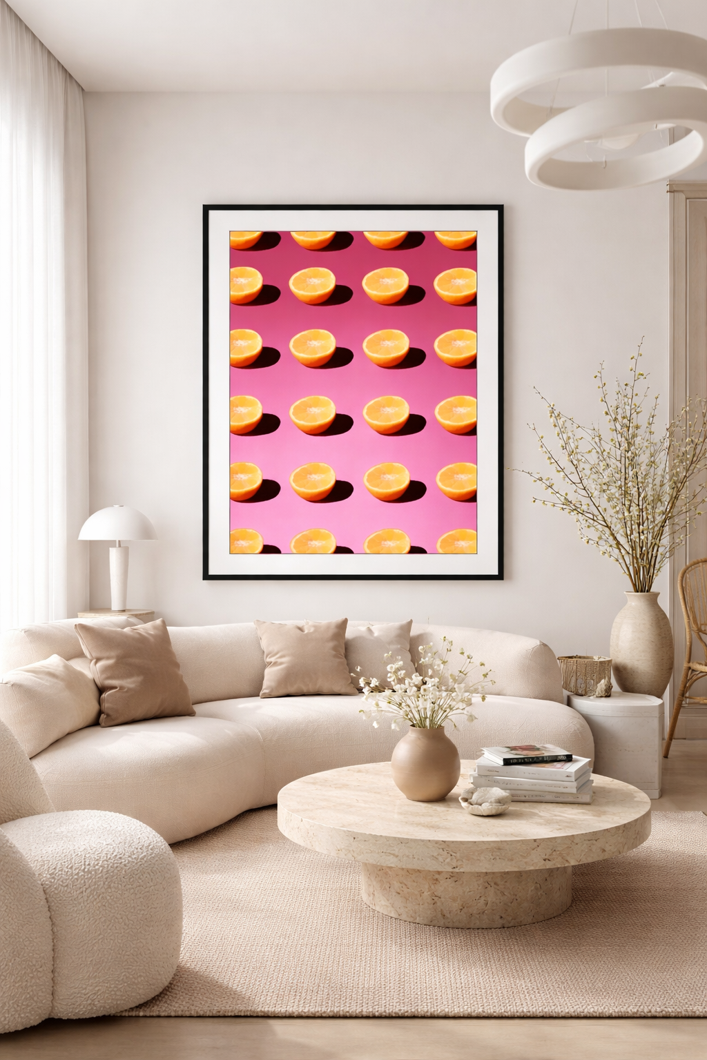 Moderne Wohnzimtkunst mit Orangen und Details.png