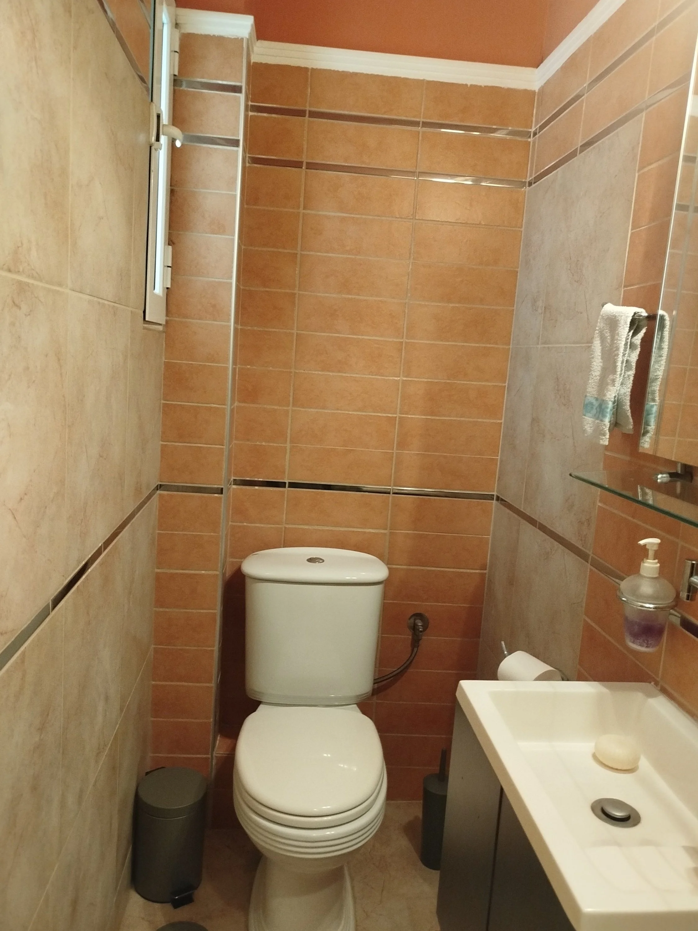 Modern WC with external window and bright natural lighting in fully furnished sea view apartment, Salamina, Greece.