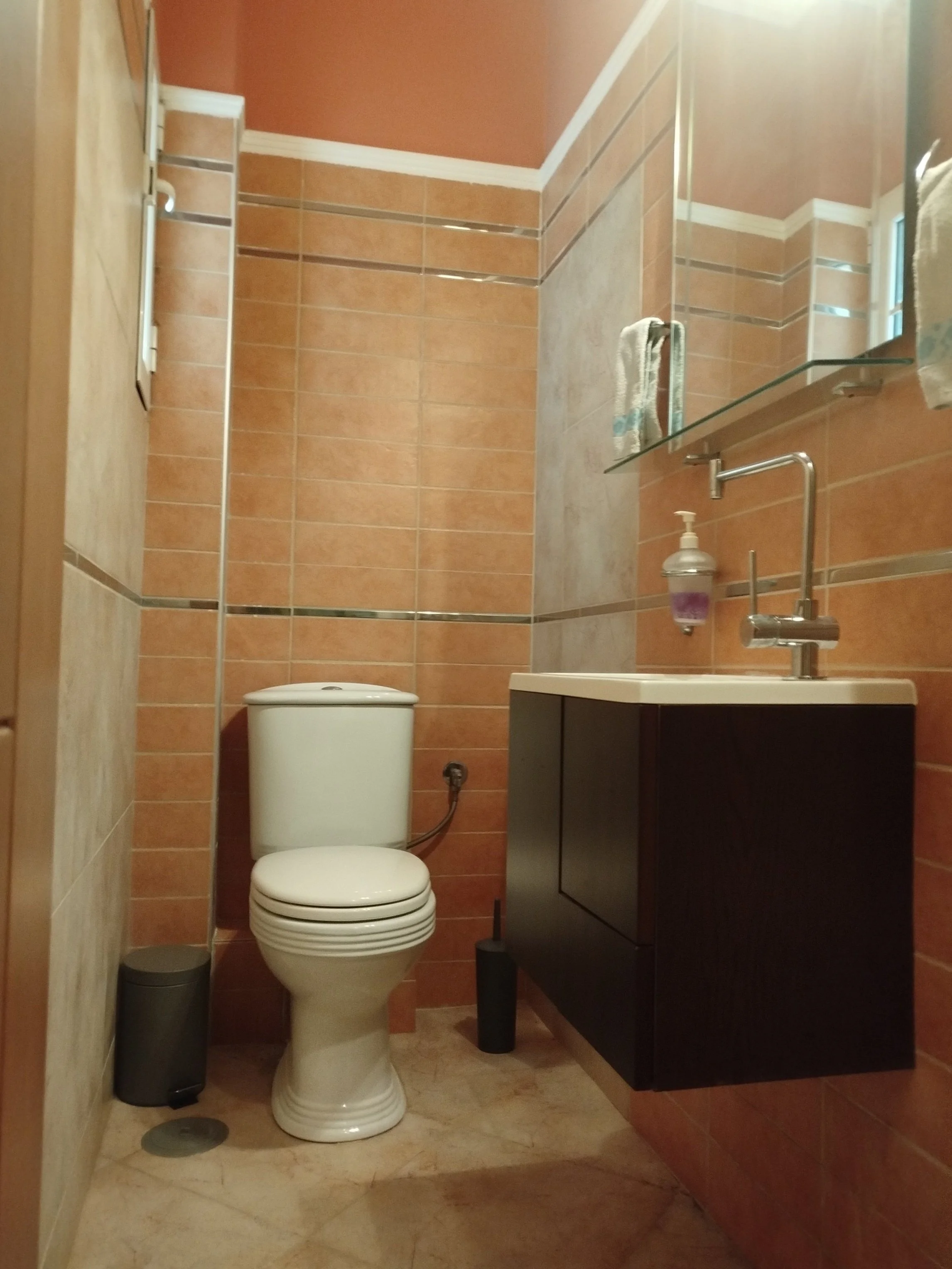 Modern WC with external window and bright natural lighting in fully furnished sea view apartment, Salamina, Greece.
