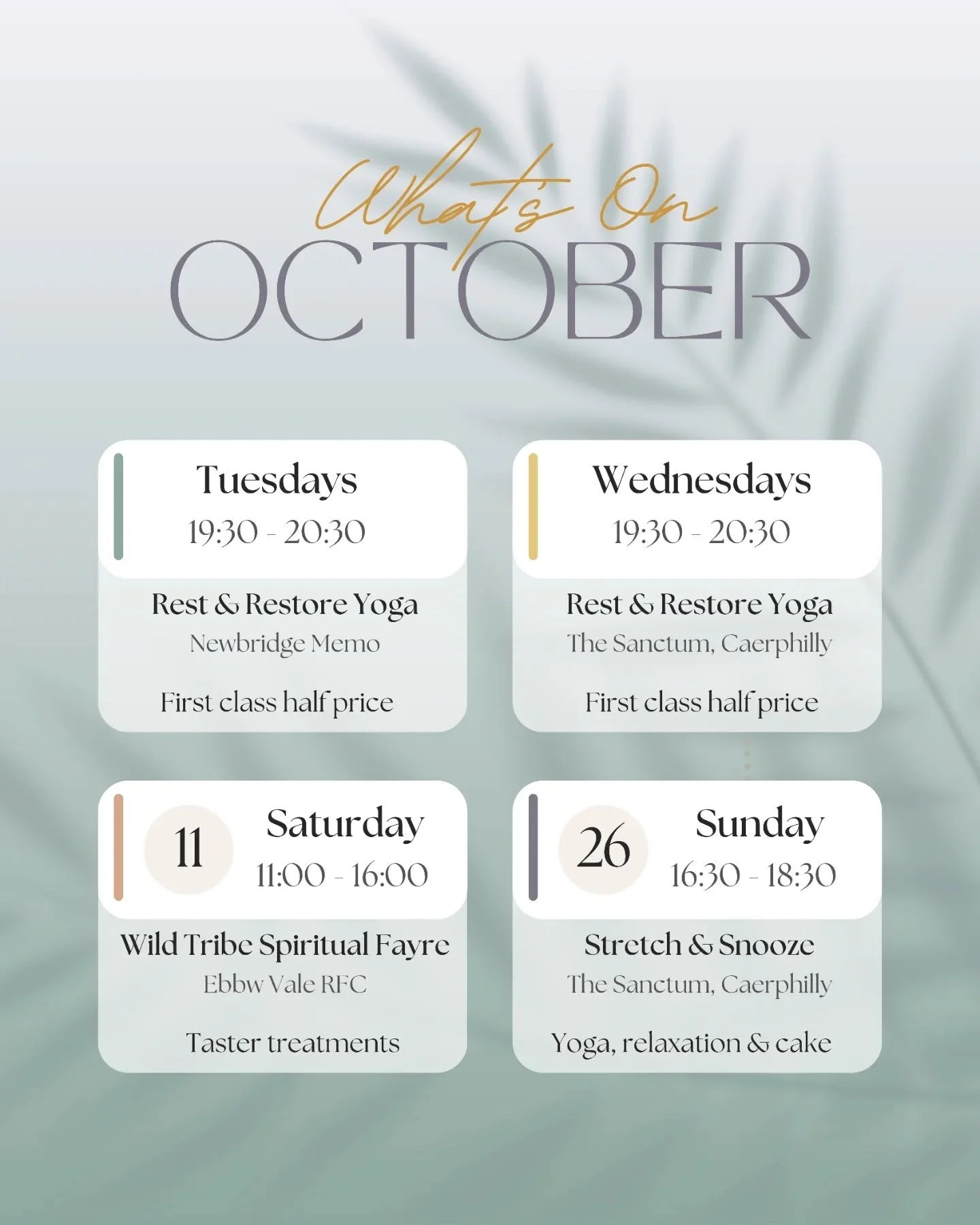 Better late than never eh?! 

Here's what's on this month ✨

Weekly yoga classes at Newbridge and Caerphilly. Your first class is half price so you can see whether this is the calm you've been craving. 

I'll be at @wildtribeevents Pagan, Witchcraft 