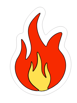 Stylized cartoon fire icon with red and yellow flames on a black background.